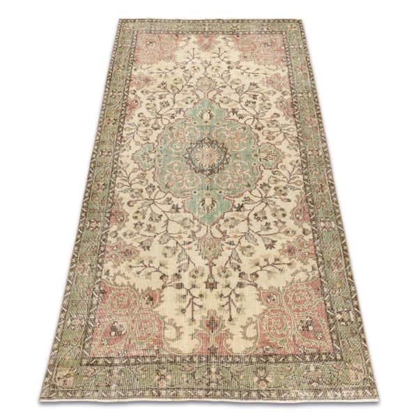 KÄSINSOLUTU villamatto Vintage 10534, ornamentti, kukat - beige / vihreä, 177x297 cm