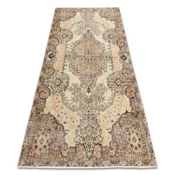 HÅNDKNYTET uldtæppe Vintage 10003, ornament, blomster - beige / grøn , 162x280 cm