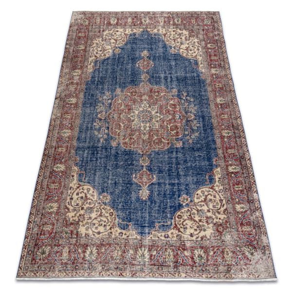 KÄSINSOLUTU villamatto Vintage 10532, kehys, ornamentti - klaretti / sininen, 200x307 cm