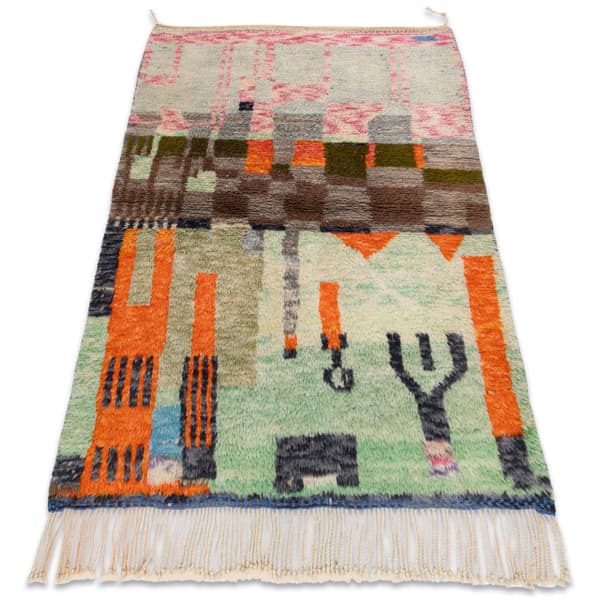 BERBER matto MR4296 Beni Mrirt käsinkudottu Marokosta, Abstrakti - vihreä / oranssi, 110x150 cm