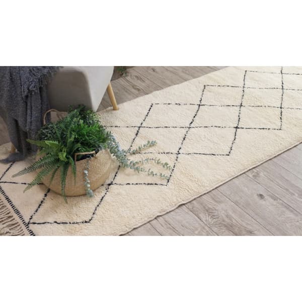 BERBER tæppe MR2091 Beni Mrirt håndvævet fra Marokko, Romber - beige / sort, 100x255 cm