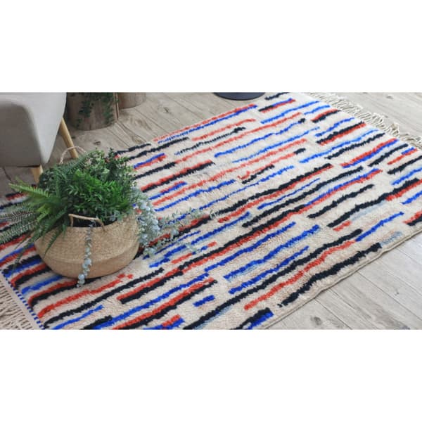 BERBER matto MR2139 Beni Mrirt käsinkudottu Marokosta, Linjat - beige / punainen, 115x180 cm
