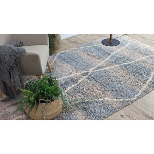 BERBER matto BJ1115 Boujaad käsinkudottu Marokosta, Rombit siniset / harmaat, 145x250 cm