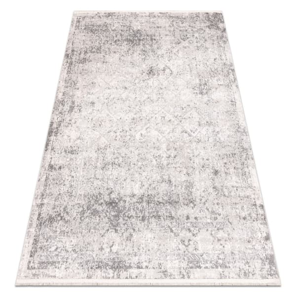 DISTIN 0200A grå / lysegrå / hvid moderne tæppe - Romber, ramme vintage, frynser, 120x170 cm