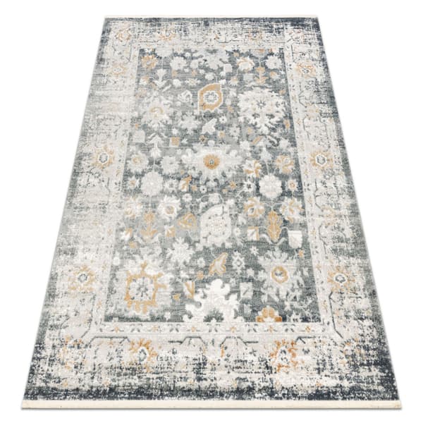 DISTIN 0835A grå / ljusgrå / vit modern matta - Ornament, ram vintage, fransar, 200x290 cm