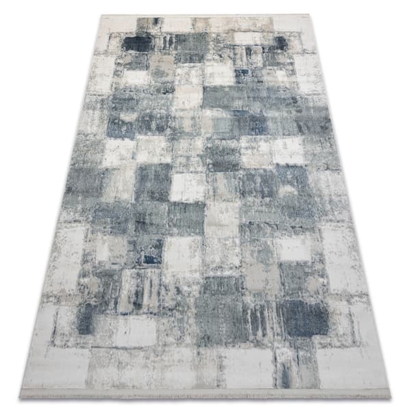 DISTIN 0143A marinblå / blå / vit modern matta - Geometrisk, vintage, fransar, 120x170 cm