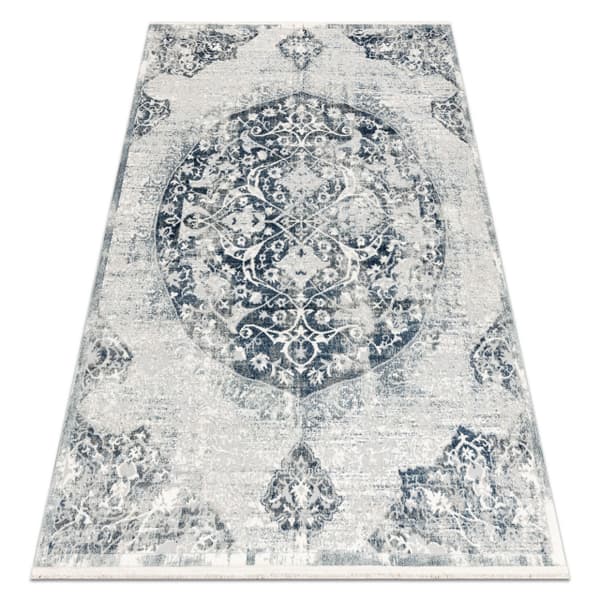 DISTIN 0820A marinblå / blå / vit modern matta - Ornament, vintage, fransar, 180x270 cm