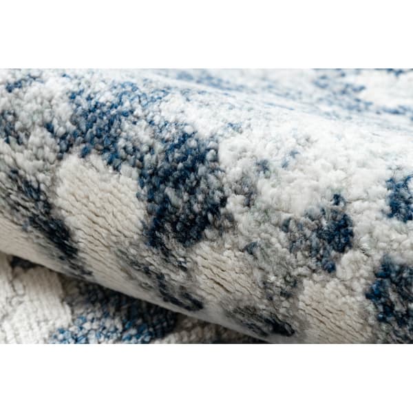 DISTIN 0822A marinblå / blå / vit modern matta - Rosett, vintage, fransar, 140x190 cm