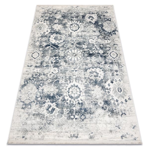 DISTIN 0822A marinblå / blå / vit modern matta - Rosett, vintage, fransar, 140x190 cm