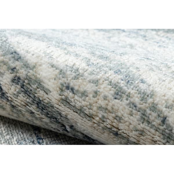 DISTIN 0849A marinblå / blå / vit modern matta - Waves, vintage, fransar, 140x190 cm