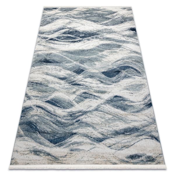 DISTIN 0849A marinblå / blå / vit modern matta - Waves, vintage, fransar, 140x190 cm