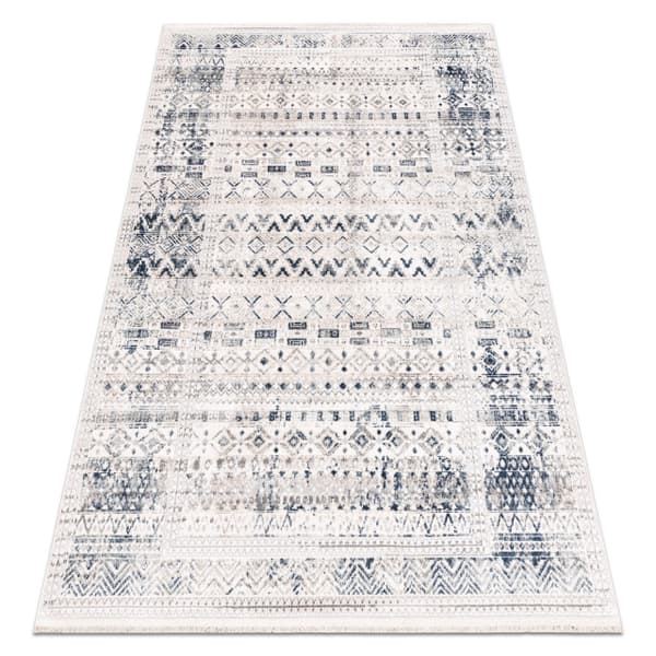 DISTIN 0833A marinblå / blå / vit modern matta - Boho, vintage, fransar, 180x270 cm