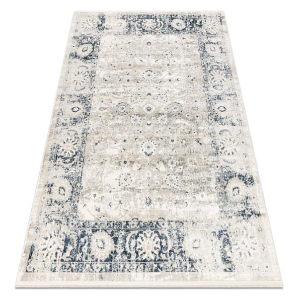 DISTIN 0843A valkoinen / laivastonsininen / sininen moderni matto - Ornamentti, runko, intage, hapsut, 80x150 cm