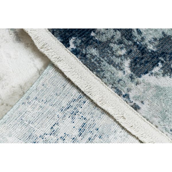 DISTIN 0845A vit / marinblå / blå modern matta - Abstraktion, ram, vintage, fransar, 80x150 cm