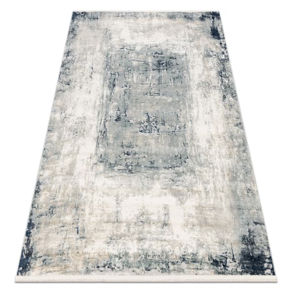 DISTIN 0845A vit / marinblå / blå modern matta - Abstraktion, ram, vintage, fransar, 80x150 cm