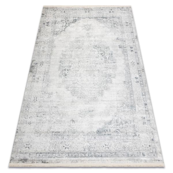 DISTIN 0201A vit / blå / ljusgrön modern matta - Ornament, ram, vintage, fransar, 160x230 cm