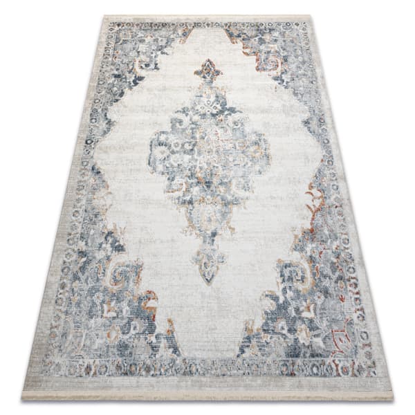 DISTIN 0826A valkoinen / sininen / vaaleanvihreä moderni matto - Ornamentti, intage, hapsut, 140x190 cm