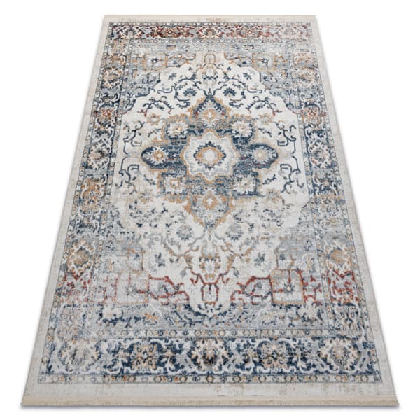 DISTIN 0834A marinblå / blå / gul / terrakotta modern matta - Ornament, vintage, fransar, 120x170 cm