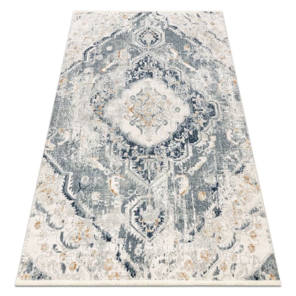 DISTIN 0816A blå / ljusgrön / vit modern matta - Ornament, vintage, fransar, 140x190 cm
