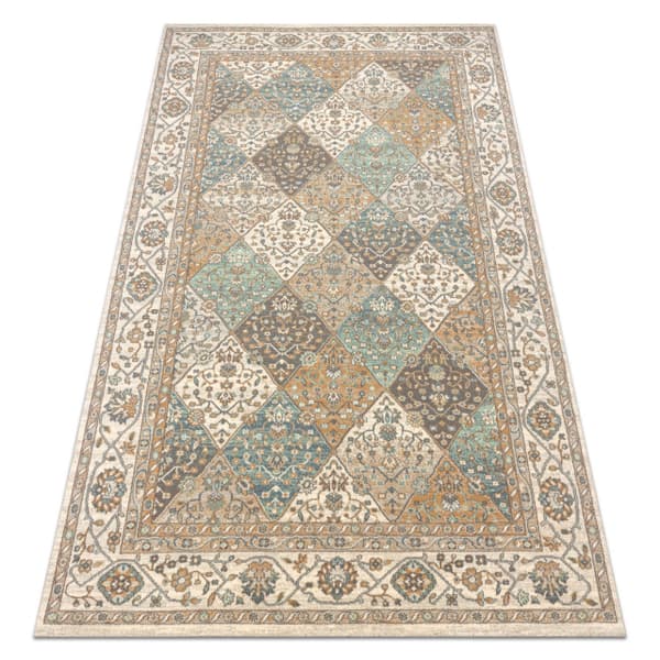 Uldtæppe SOHO 477.27.LA990 OSTA - Rombe, geometrisk ramme, naturlig beige / grøn, 200x300 cm