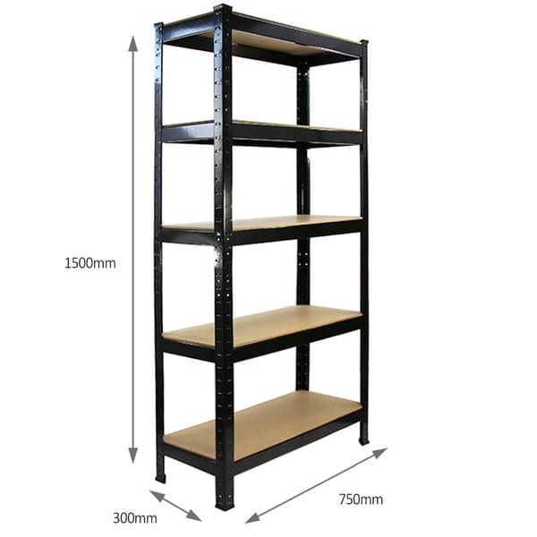 T-Rax Robust Svart Lagerhylla Verkstadshylla Garagehylla Verkstad Garage Lager Förvaring MDF Bultfri Bultlös Legerat Stål Gummifötter 75 x 30 x 150 cm