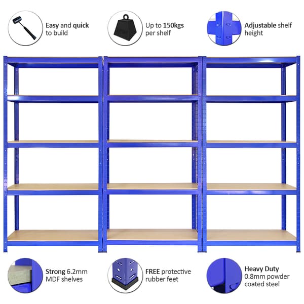 T-Rax Robust Blå Lagerhylla Verkstadshylla Garagehylla Verkstad Garage Lager Förvaring MDF Bultfri Bultlös Legerat Stål 75 x 30 x 150 cm