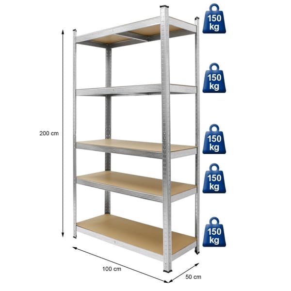 Værkstedsreol sølv 200x100x50 cm fremstillet af MDF og metal op til 750 kg