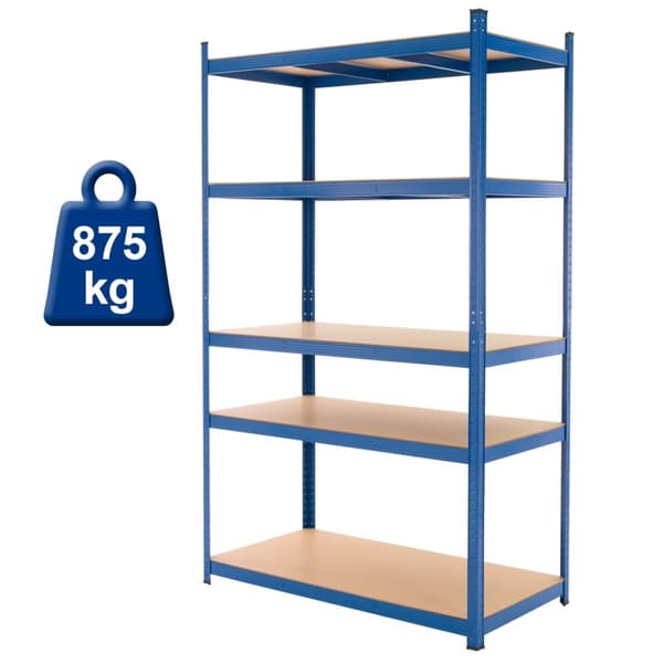 Sininen työpajahylly 200x100x50 cm pulverimaalattua metallia ja MDF-kuitulevyä 875 kg:n kuormitukseen asti.