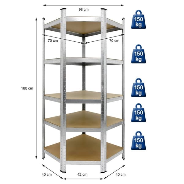 ECD Germany Regalsystem 3-delat set; 2 lagerhyllor 180x90x40 cm med hörnhylla 180x70x40 cm; galvaniserade metallhyllor med 15 hyllplan av MDF-trä;