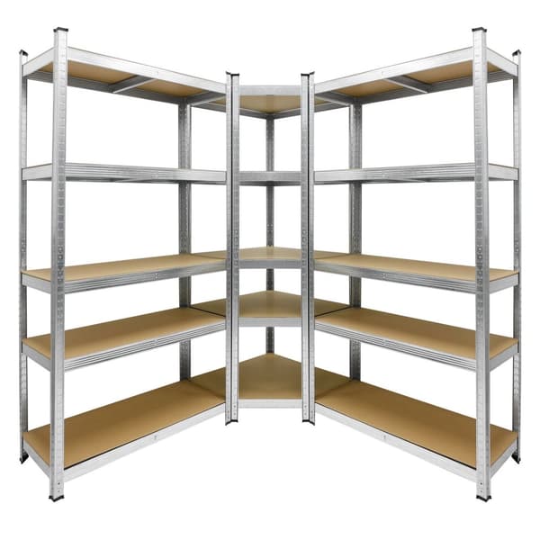 ECD Germany Regalsystem 3-delat set; 2 lagerhyllor 180x90x40 cm med hörnhylla 180x70x40 cm; galvaniserade metallhyllor med 15 hyllplan av MDF-trä;