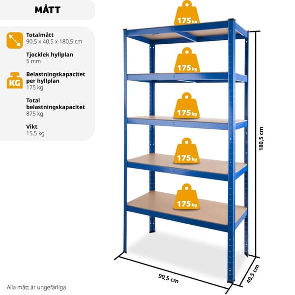 Förvaringshylla i stål, 5 hyllplan - 875 kg