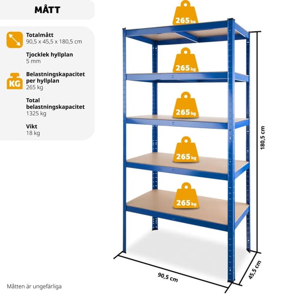 Förvaringshylla i stål, 5 hyllplan - 1325 kg