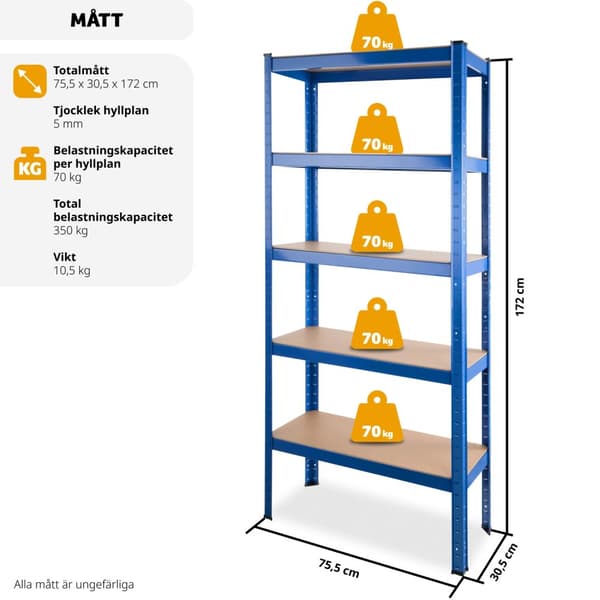 Förvaringshylla i stål, 5 hyllplan - 350 kg