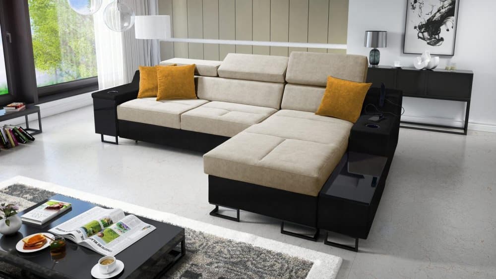 ALICANTE I MAXI BÄDDSOFFA 293x183x100 HÖGER SVART/ BEIGE