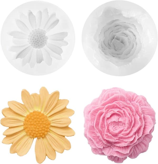 Moorle 2-pak silikone stearinlysforme - 3D blomstermønster med pæon og tusindfryd til DIY håndlavede duftlys, gips- og harpiksforme