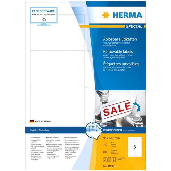 Herma Removable Labels 96x63.5 Mm 100 Sheets Din A4 800 Units Valkoinen