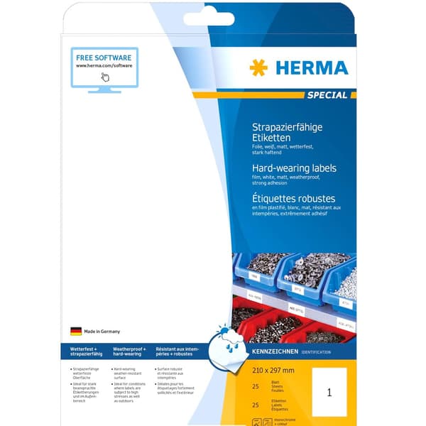 Herma Hardwearing Labels 210x297 Mm 25 Sheets Din A4 25 Units Hvid