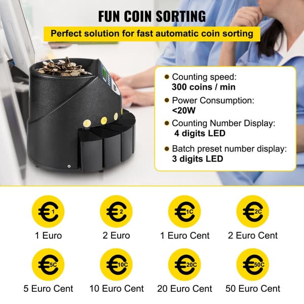Myntsorterare Räknare, 300 mynt/min Sorteringshastighet, LED-display