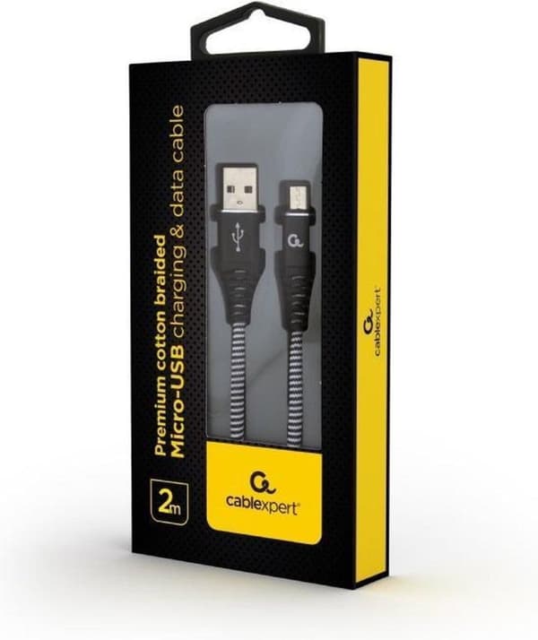 Premium micro USB laddnings- och datakabel "bomull", 2 m, svart/vit