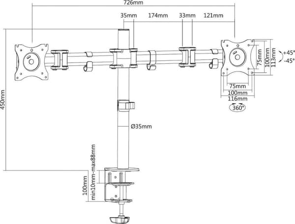 Digitus DA-90349 Näytön pöytäteline 2-suuntainen 38,1 cm (15) - 68,6 cm (27) Kääntyvä, Korkeussäädettävä, Kallistava, Kääntyvä, Käännettävä, Seisova