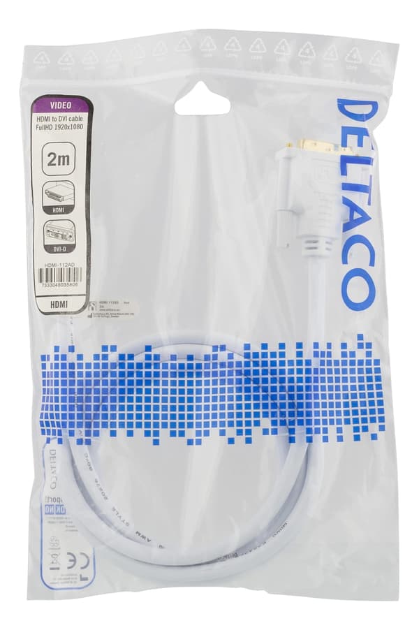 DELTACO HDMI till DVI-kabel, 2m, Full HD, vit