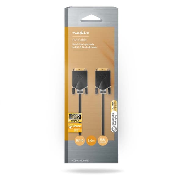 Nedis DVI-kabel | DVI-D 24+1-Pin Han | DVI-D 24+1-Pin Han | 2560x1600 | Gull belagt | 3.00 m | Rett | PVC | Antrasitt | Boks