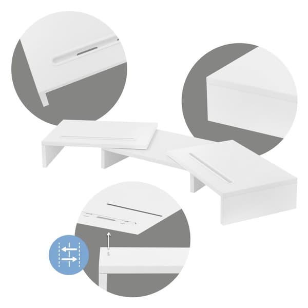ML-Design Dual Monitor Stand Riser; i træ; hvid; monitorstander til 2 skærme med justerbar længde og drejevinkel; 2 holderhuller; skærmunderstøtning;
