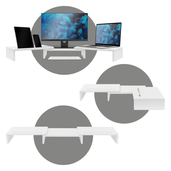 ML-Design Dual Monitor Stand Riser; i træ; hvid; monitorstander til 2 skærme med justerbar længde og drejevinkel; 2 holderhuller; skærmunderstøtning;