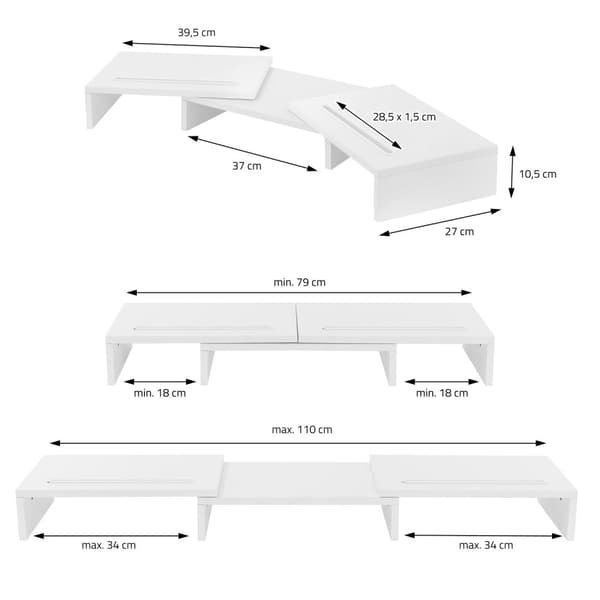 ML-Design Dual Monitor Stand Riser; i træ; hvid; monitorstander til 2 skærme med justerbar længde og drejevinkel; 2 holderhuller; skærmunderstøtning;