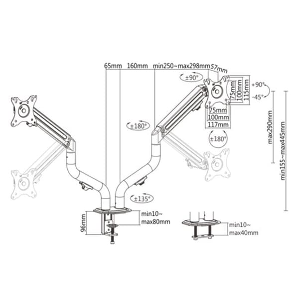 Gembird MA-DA2-02 Justerbart skrivebord 2-skærms monteringsarm (vippe), 17"-32", op til 8 kg