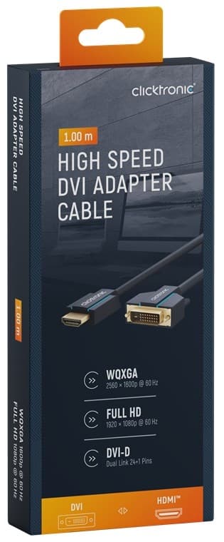 ClickTronic Adapterkabel fra DVI til HDMI™ Premium-kabel | 1x DVI-D-kontakt 1x HDMI™-kontakt | 1,0 m | WQXGA @ 60 Hz