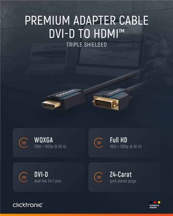 ClickTronic Adapterkabel fra DVI til HDMI™ Premium-kabel | 1x DVI-D-kontakt 1x HDMI™-kontakt | 1,0 m | WQXGA @ 60 Hz
