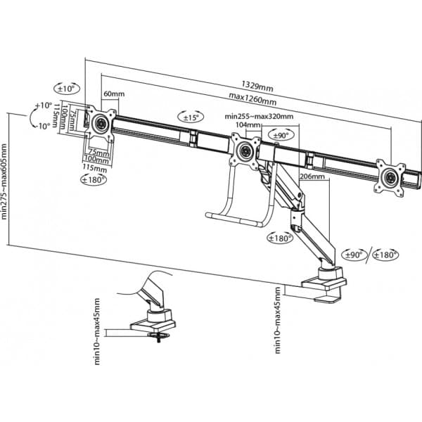 Neomounts NM-D775DX3 -monitorarm för tre skärmar, vit