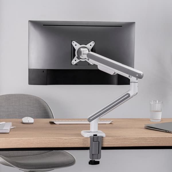 Ergo Office ER-751 Monitor Skrivebordsmontering Gasfjeder 9 kg Justerbar VESA 75x75 100x100 17" - 32" Hvid Sølv Klemmemontering Enkelarm LED LCD QLED